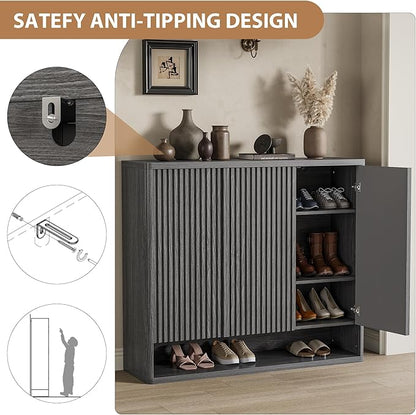 Modern Entryway Shoe Storage Cabinet – 46 Inch Wooden Organizer with Adjustable Shelves, Fluted Door, Holds 30-35 Pairs, Space-Saving Hallway Furniture, Vintage Grey Color