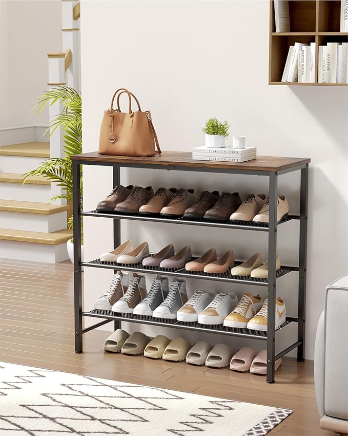 Kitsure Shoe Rack - 4-Tier Shoe Organizer with Wooden Top & Leveling Feet, Easy-Assembly, Rust-Resistant Metal Shoe Shelf for Closet, Entryway, Bedroom, 29.5" x 11.4" x 24.8", Brown