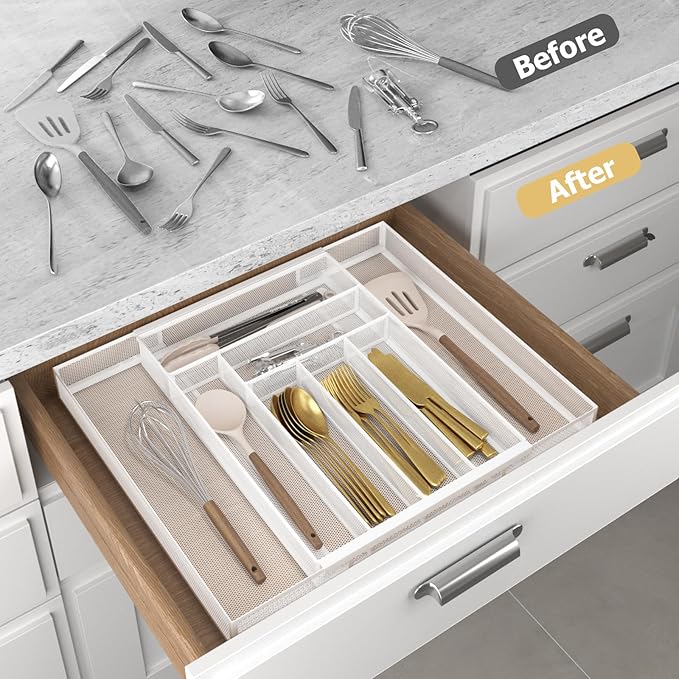 Sedegn Silverware Organizer Metal Mesh, Large Drawer Organizer, Utensil Cutlery Tray for kitchen drawers, Expandable Flatware Organizer with 8 Compartment White 11.6"~20" x 17.3"