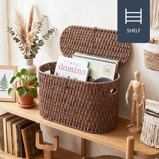 Coeusy Toilet Paper Storage Basket with Lid, Paper Rope Toilet Paper Holder for Up to 6 Mega Rolls, Wicker Basket for Bathroom Accessories Organizer, Boho Hand Woven Rattan Decorative Decor, Brown