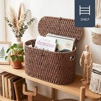Coeusy Toilet Paper Storage Basket with Lid, Paper Rope Toilet Paper Holder for Up to 6 Mega Rolls, Wicker Basket for Bathroom Accessories Organizer, Boho Hand Woven Rattan Decorative Decor, Brown