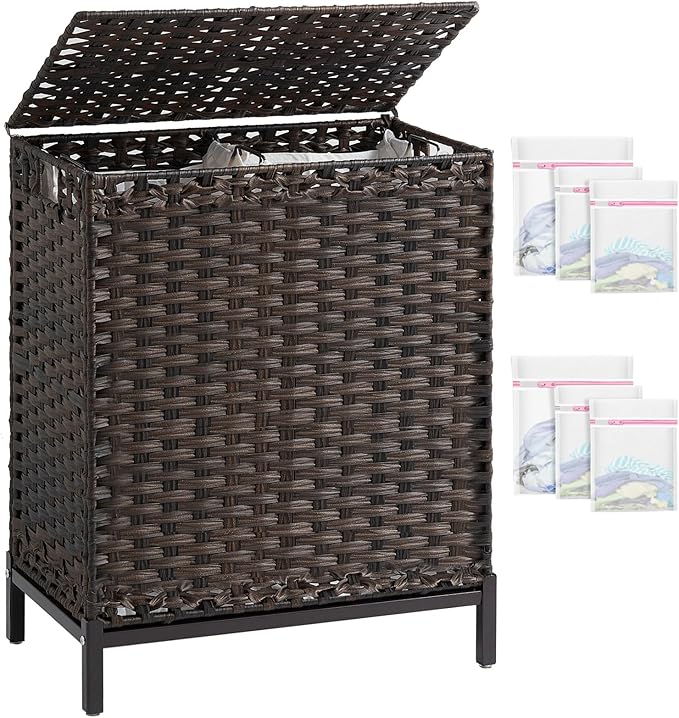 SETVSON Laundry Hamper with Lid, 112 L Handwoven Rattan Wicker Laundry Basket, 2 Removable Liner Bags Metal Heightened Feet, 6 Mesh Bags, 2 Section Large Clothes Hamper for Bathroom Bedroom, Brown