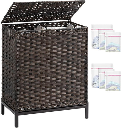 SETVSON Laundry Hamper with Lid, 112 L Handwoven Rattan Wicker Laundry Basket, 2 Removable Liner Bags Metal Heightened Feet, 6 Mesh Bags, 2 Section Large Clothes Hamper for Bathroom Bedroom, Brown