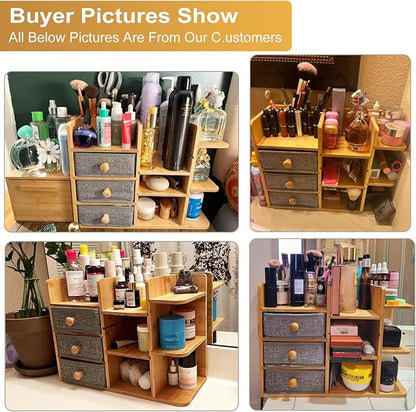 Large Makeup Organizer For Vanity, Large Capacity 3 Tiers Bamboo Bathroom Counter Organizers and Storage, Countertop Makeup Brush Holder, Nail Polish Perfume Stand with 3 Drawers and 10 Compartments