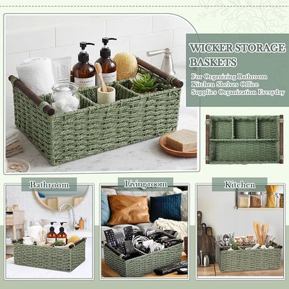 Remerry Sage Green Bathroom Countertop Organizer Caddy, Wicker-Like Divided Basket with Handle and Metal Frame, 4 Compartment, Paper Rope Storage Organizer for Vanity Kitchen (10.24 x 7.87 x 3.94 in)