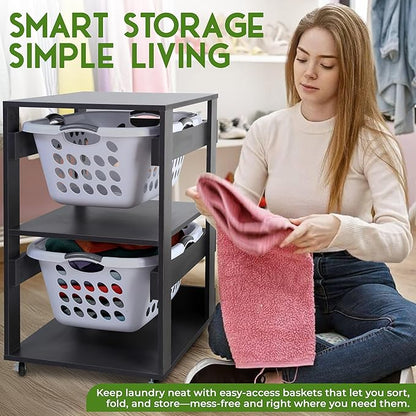 Laundry Basket Holder Shelf (2-Tier) - Stackable Engineered Wood Laundry Tower with Wheels, Tiered Laundry Hamper Organizer for Bathroom, Bedroom