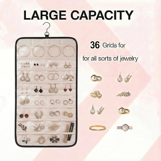 Hanging Jewelry Organizer, Dual-Sided Necklace Holder with Multiple Clear Pockets - Wall Mount & Over The Door Closet Storage for Earrings, Rings, Bracelets - 360° Rotating Hanger (1, Black, M)