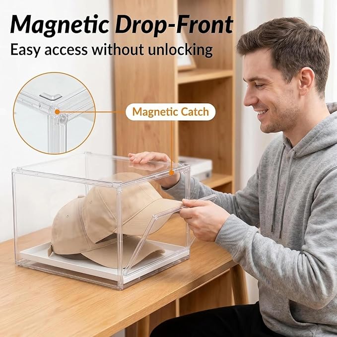 2 Pack Clear Hat Organizer Box, Stackable Cap Storage Display Case with Magnetic Door & Sliding Drawer Tray, Dustproof Hat Container Holds 10 Hats per Box (Clear, 2 Pack)