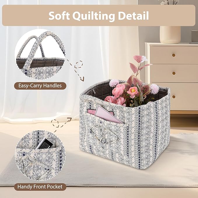 Storage Basket Boho Fabric Large Collapsible Floral Laundry Nursery Hamper Portable Folding Storage for Clothes Toys (Vine-Blue B)