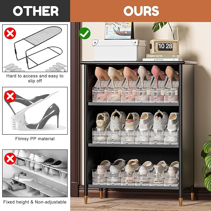 Neprock Shoe Slots Organizer for Closet, 20 Pack Acrylic Shoe Stackers Shoe Rack Holder, 3 Levels Adjustable Thickening Shoe Display Shoe Storage 50% Space Saving Zapateras Organizer (Clear,20 Pack)