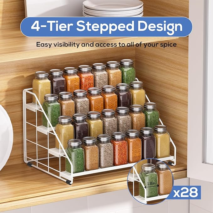 Spice Rack Organizer for Cabinet, 4 Tiered Spice Rack Organizer, Tiered Adjustable Spice Shelf for Kitchen (White-1Pcs)