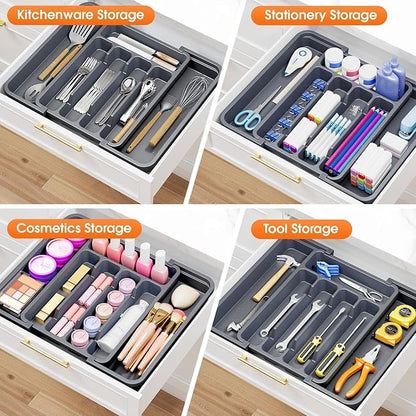 SpaceHacks Silverware Organizer，Adjustable & Expandable Utensil Drawer Organizer, BPA Free Utensil Holder, Cutlery Tray for Forks, Spoons, Knives in Kitchen, Medium, Grey