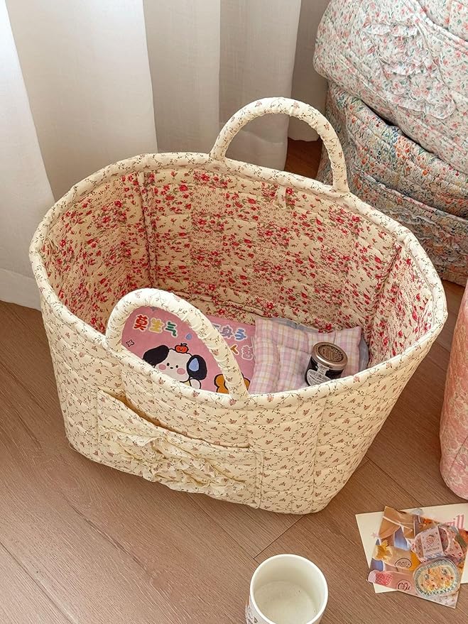 Storage Basket Boho Fabric Large Collapsible Floral Laundry Nursery Hamper Portable Folding Storage for Clothes Toys (Yellow Floral)