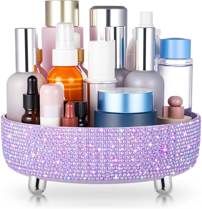 Honeydak Purple Bling Perfume Makeup Organizer Bling Mother's Day Nurse Day Gifts for Women Bathroom Organizers and Storage 360 Rotating Makeup Organizer for Countertop(Resin Stone)