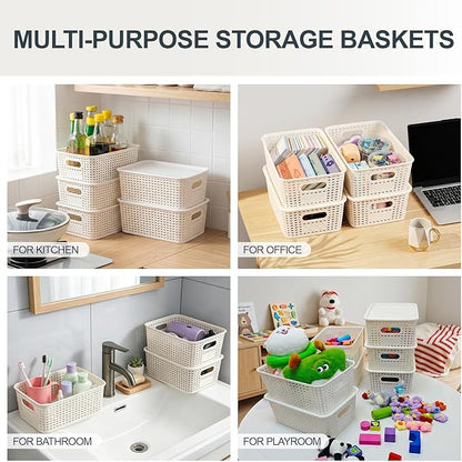 8 Pack Small Plastic Storage Baskets with Lids, Plastic Storage Baskets for Organizing, Stackable Organizer Baskets, Small Storage Bins for Shelves,Closet,Craft Room,Playroom,Classroom,Office, White