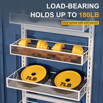 8 Tier Pantry Door Organizer Spice Rack, 2-IN-1 Wall Mount or Hanging Over Door Seasoning Organizer with Adjustable Baskets, Heavy Duty Behind Door Storage Shelves for Pantry, Cabinet and Kitchen
