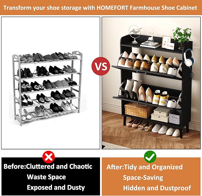 HOMEFORT Shoe Storage Cabinet for Entryway, 30" Freestanding Organizer with Two Flip Drawers, Narrow Hidden Shoe Rack with Wood Legs, Farmhouse Shoe Cabinet for Front Door Entrance,Black