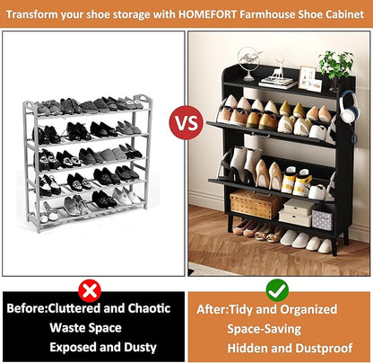 HOMEFORT Shoe Storage Cabinet for Entryway, 30" Freestanding Organizer with Two Flip Drawers, Narrow Hidden Shoe Rack with Wood Legs, Farmhouse Shoe Cabinet for Front Door Entrance,Black