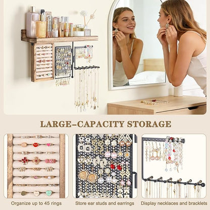 SOLIMINTR Hanging Jewelry Organizer Wall Mount with Rustic Wood Shelf, Ring Display Box, Ear Studs Earring Holder, Rotating Necklace Holder Organizer