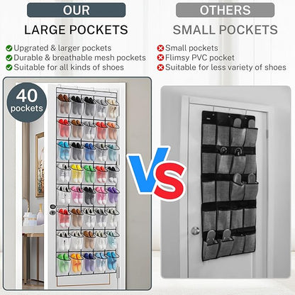 40 Large Mesh Pocket Over the Door Shoe Organizer,Hanging Shoe Rack for Door,Hualleko Shoes Organizer Hanger with Large Capacity, Shoes Storage Holder Sturdy Non-woven Fabric - Stores 20 Pairs (White)