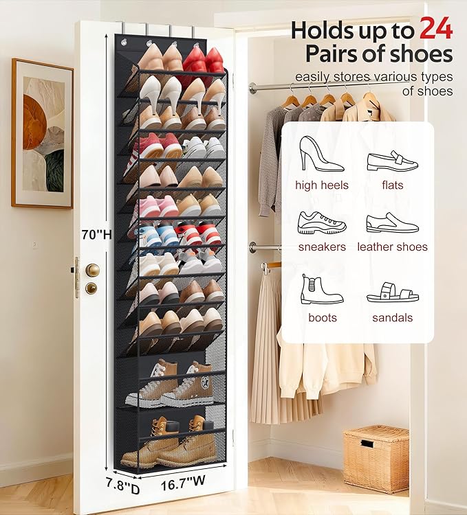 12 Tier Over the Door Shoe Organizer for Closet, Holds 24 Pairs Hanging Shoe Rack for Door with Mesh Pockets, Narrow Shoe Holder Hanger for Sneakers, Boots (Black)