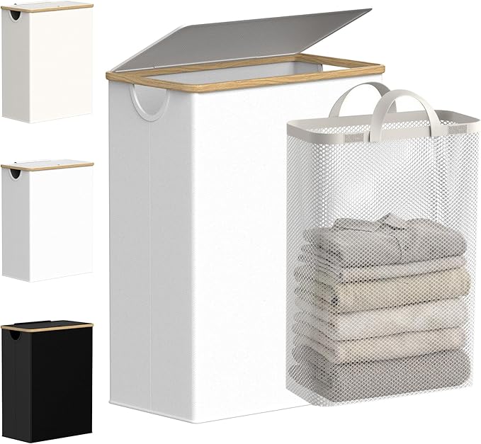 efluky Slim Laundry Basket with Lid, Narrow Laundry Hamper with Removable Bag, Skinny Dirty Clothes Basket with Bamboo Handles for Bathroom, Bedroom & Laundry Room, 65L White