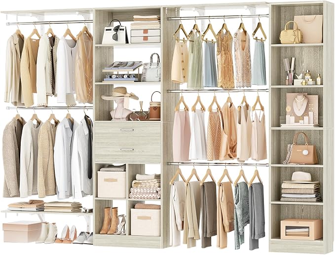 Besiost Closet System - 9.4FT/112" Closet Organizer System with Wooden Drawers,Closet Systems for Walk-In Closets with Hang Rods and Open Cabinet, Greige Oak