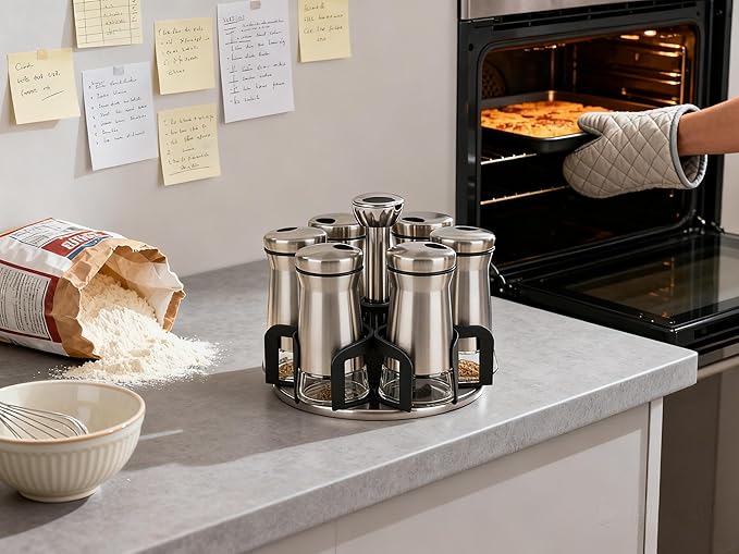 360° Rotating Spice Rack，Spice Rack Organizer for Cabinet - Includes 6pcs Glass Spice Jars and Labels,Spice Storage, Cooking, Outdoor BBQ,(Spices Not Included) (Modern)