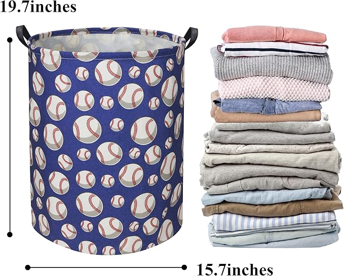 Baseball Kids Laundry Hamper, Large, Cotton & Linen, Waterproof PE Coating, Collapsible, Multi-purpose, Dinosaur Pattern