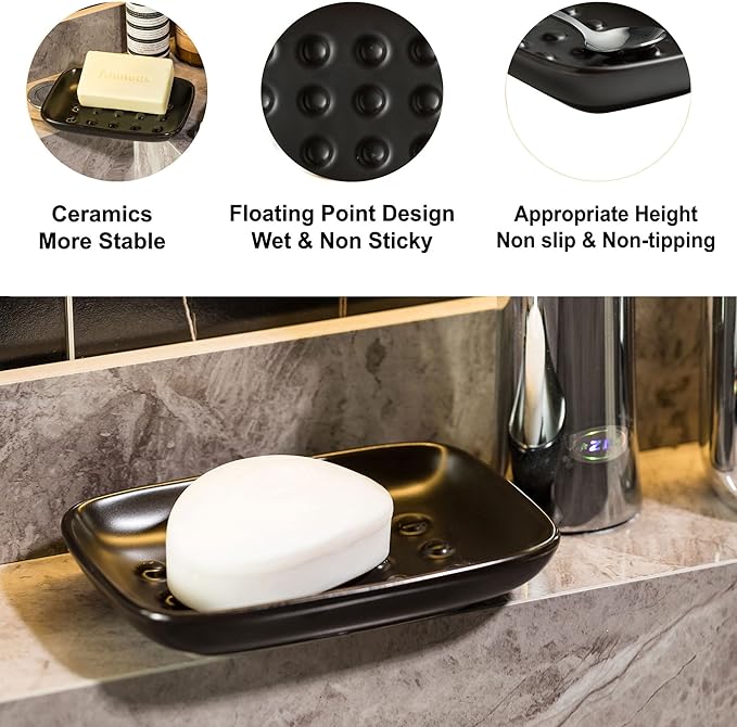Miamolo Soap Dish, Ceramic Soap Holder Shower Soap Dish for Bar Soap Sponge, Soap Saver Tray for Bathroom Kitchen Sink, Black (Pack of 2)