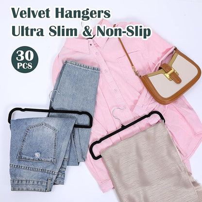 30 Pack Black Velvet Pants Hangers Non Slip, Space Saving Slim Clothes Hanger with 30 Hooks, Strong Durable Flocked Hanger with 360° Swivel Hook for Closet, Jeans, Shirts, Bras, Shorts