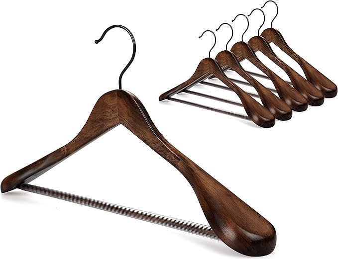 TOPIA HANGER Set of 6 Beautiful Coat Suit Jacket Wood Wooden Hangers, Premium Retro Finish with Extra-Wide Shoulder- 360° Black Hooks & Anti-Slip Bar CT02A