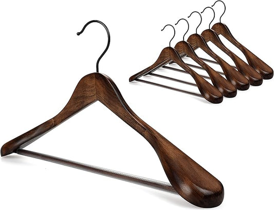 TOPIA HANGER Set of 6 Beautiful Coat Suit Jacket Wood Wooden Hangers, Premium Retro Finish with Extra-Wide Shoulder- 360° Black Hooks & Anti-Slip Bar CT02A