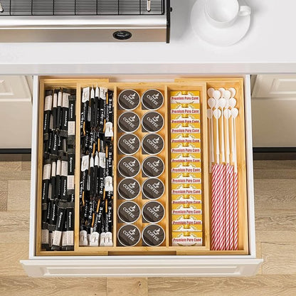 Bamboo Utensil Organizer Cutlery Organizer - Expandable 5 Slots Multipurpose Kitchen Drawer Organizer for Large Cooking Utensils, Baking Tools, Knife Set W13.7"-19.9" x L17.6" X H2.5"(Yellow)