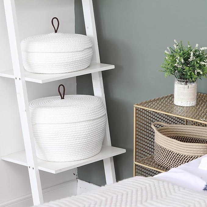 Sea Team Round Cotton Rope Storage Basket with Lid, Decorative Woven Storage Bin, Pot, Caddy, Organizer, Container for Snacks, Towels, Plants, 13 x 5.5 Inches (Large, Shallow, White)