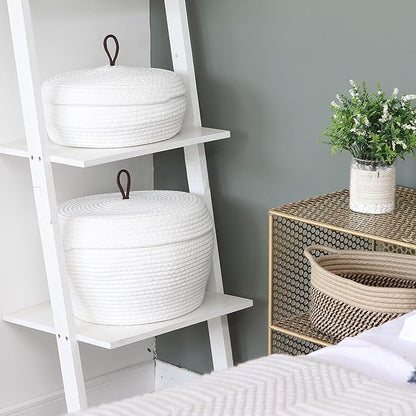 Sea Team Round Cotton Rope Storage Basket with Lid, Decorative Woven Storage Bin, Pot, Caddy, Organizer, Container for Snacks, Towels, Plants, 13 x 5.5 Inches (Large, Shallow, White)