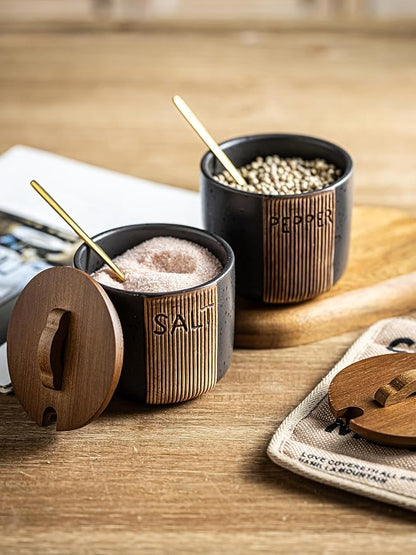 Salt and Pepper Bowl, Ceramic Salt Containers for Countertop, Salt and Pepper Cellar with Lid and Spoons, Black