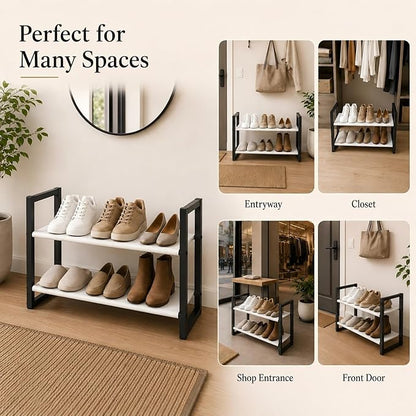 2-Tier Shoe Rack for Closet & Entryway, Stackable Shoe Organizer, Screw-Fastened Metal Frame for Less Wobble, Heel-Friendly Non-Woven Shelves, 11.8" Deep Space-Saving Shoe Storage (Black)