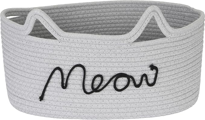 Sea Team Cat Toy Basket with Handles, 16.5 x 11 x 7 Inches, 4.4 Gallons Large Cotton Rope Storage Bin, Box, Shelf Organizer for Pet Chew Toys, Foods, Grey Meow