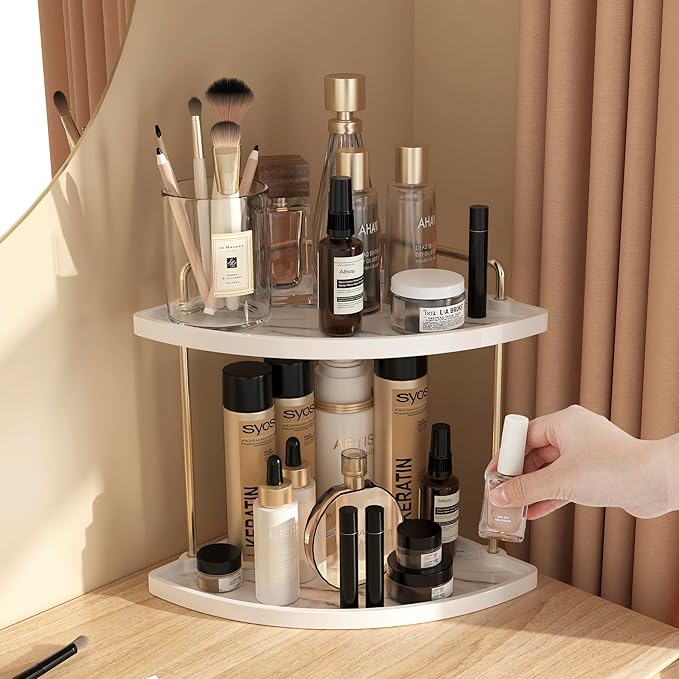 KES Marble Pattern Bathroom Corner Countertop Organizer, 2-Tier Ceramic Corner Counter Shelf, Vanity Skincare Perfume Organizer and Makeup Storage Tray Shelf, Polished Gold, BSC901B-PG
