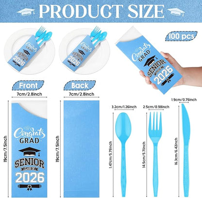 Funnymoom 400 Pcs 2026 Graduation Wrapped Silverware Bags Holder - Disposable Dinnerware Set Includes Plastic Spoons Knives and Forks, Class of 2026 Parties School Congrats Supplies(Blue)