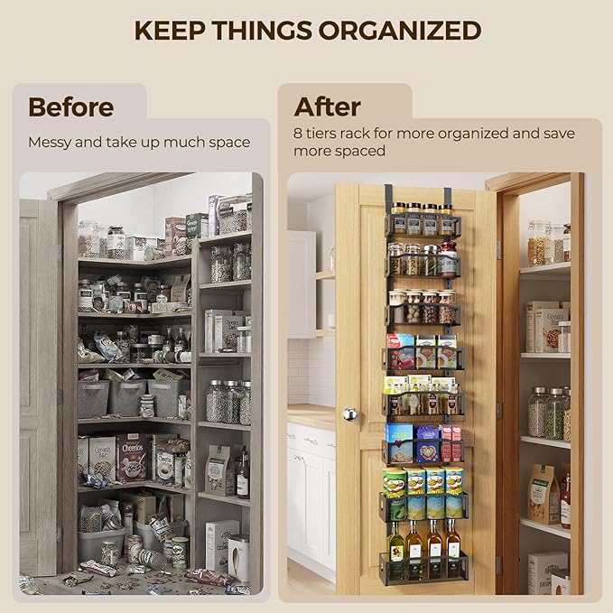 Delamu 8 Tier Over the Door Pantry Organizer, 2in1 Hanging or Wall Mount Spice Rack Seasoning, Adjustable Heavy-Duty Narrow Pantry Door Organizer and Storage for Kitchen Cabinet and Bathroom,12" Black