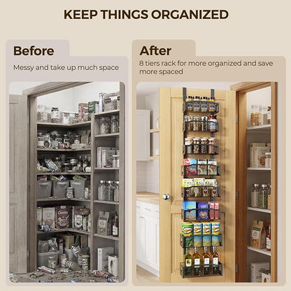 Delamu 8 Tier Over the Door Pantry Organizer, 2in1 Hanging or Wall Mount Spice Rack Seasoning, Adjustable Heavy-Duty Narrow Pantry Door Organizer and Storage for Kitchen Cabinet and Bathroom,12" Black