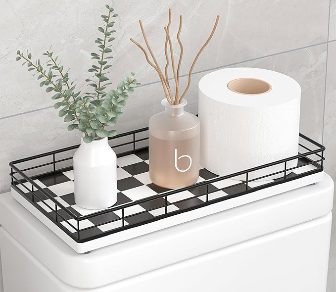 Toilet Paper Basket Organizer – Oak Wood Toilet Tank Tray with Metal Frame, Bathroom Counter Top Storage for Toilet Paper, Wipes & Decor, Modern Narrow Back of Tank Shelf Organizer, Black & White