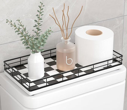 Toilet Paper Basket Organizer – Oak Wood Toilet Tank Tray with Metal Frame, Bathroom Counter Top Storage for Toilet Paper, Wipes & Decor, Modern Narrow Back of Tank Shelf Organizer, Black & White