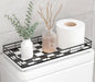 Toilet Paper Basket Organizer – Oak Wood Toilet Tank Tray with Metal Frame, Bathroom Counter Top Storage for Toilet Paper, Wipes & Decor, Modern Narrow Back of Tank Shelf Organizer, Black & White
