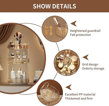 YCIA&DONE Rotating Makeup Organizer for Vanity, Large Capacity Make Up Storage Skin care Shelf Perfume Holders Cosmetic Dresser Organizer Countertop Spinning 360 (Amber Gold, 3Tiers)