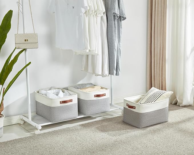 DECOMOMO Storage Bins, Large Fabric Storage Baskets for Shelves, Decorative Linen Closet Organizer, 15 x 11 x 9.5 inches (Grey & White, 1 Pack)