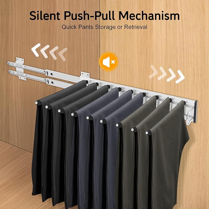 Pull Out Trousers Rack 9 Arms Closet Pants Hanger Bar Stainless Steel Rail Extendable Trousers Hanger for Clothes Towel Scarf Tie, 18.11x12.83in (Right Installation)