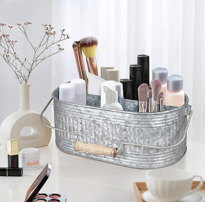 CLEENTABLE Farmhouse Galvanized Metal Utensil Caddy – 4-Compartment Silverware Organizer with Removable Handle for Countertop, Picnic & Party Use (10"x6.5"x5.5", Grey)